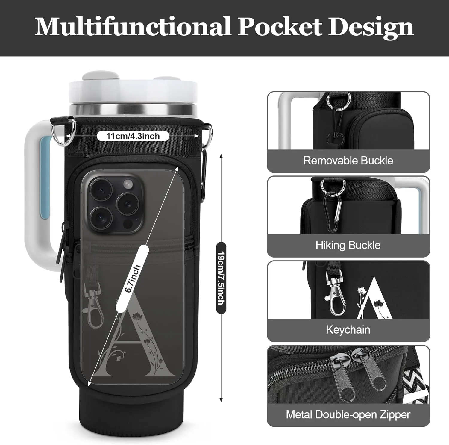 LOKASS for Stanley Cup Accessories 40 oz Water Bottle Carrier Bag with Phone Pocket for Stanley Tumbler Holder with Strap, Personalized Gifts with Floral Initial A-Z for Women/Girls/Stanley Cup Fans