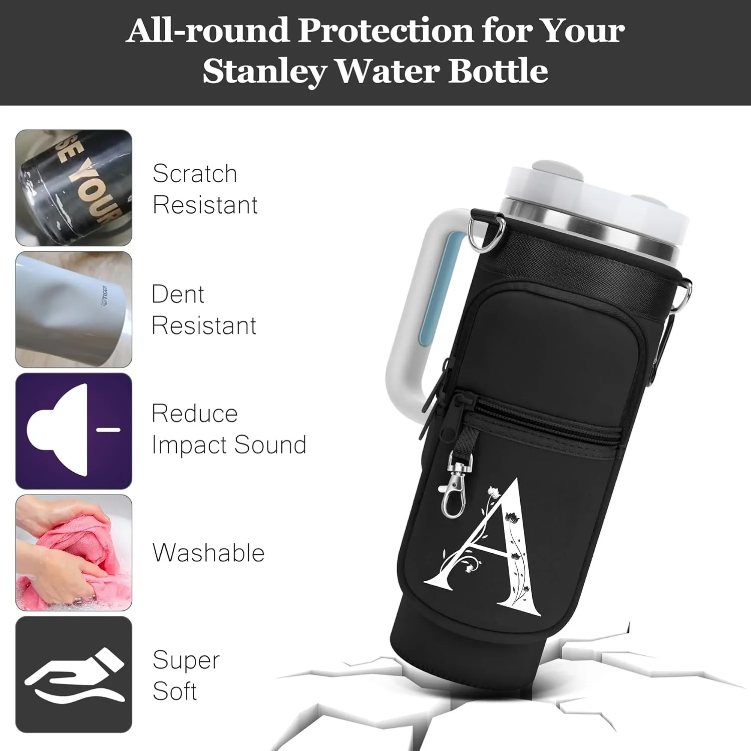 LOKASS for Stanley Cup Accessories 40 oz Water Bottle Carrier Bag with Phone Pocket for Stanley Tumbler Holder with Strap, Personalized Gifts with Floral Initial A-Z for Women/Girls/Stanley Cup Fans