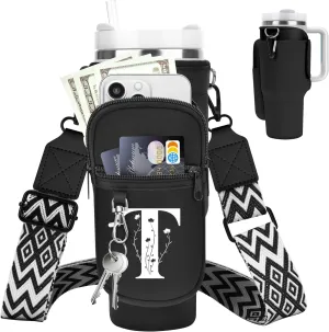 LOKASS for Stanley Cup Accessories 40 oz Water Bottle Carrier Bag with Phone Pocket for Stanley Tumbler Holder with Strap, Personalized Gifts with Floral Initial A-Z for Women/Girls/Stanley Cup Fans