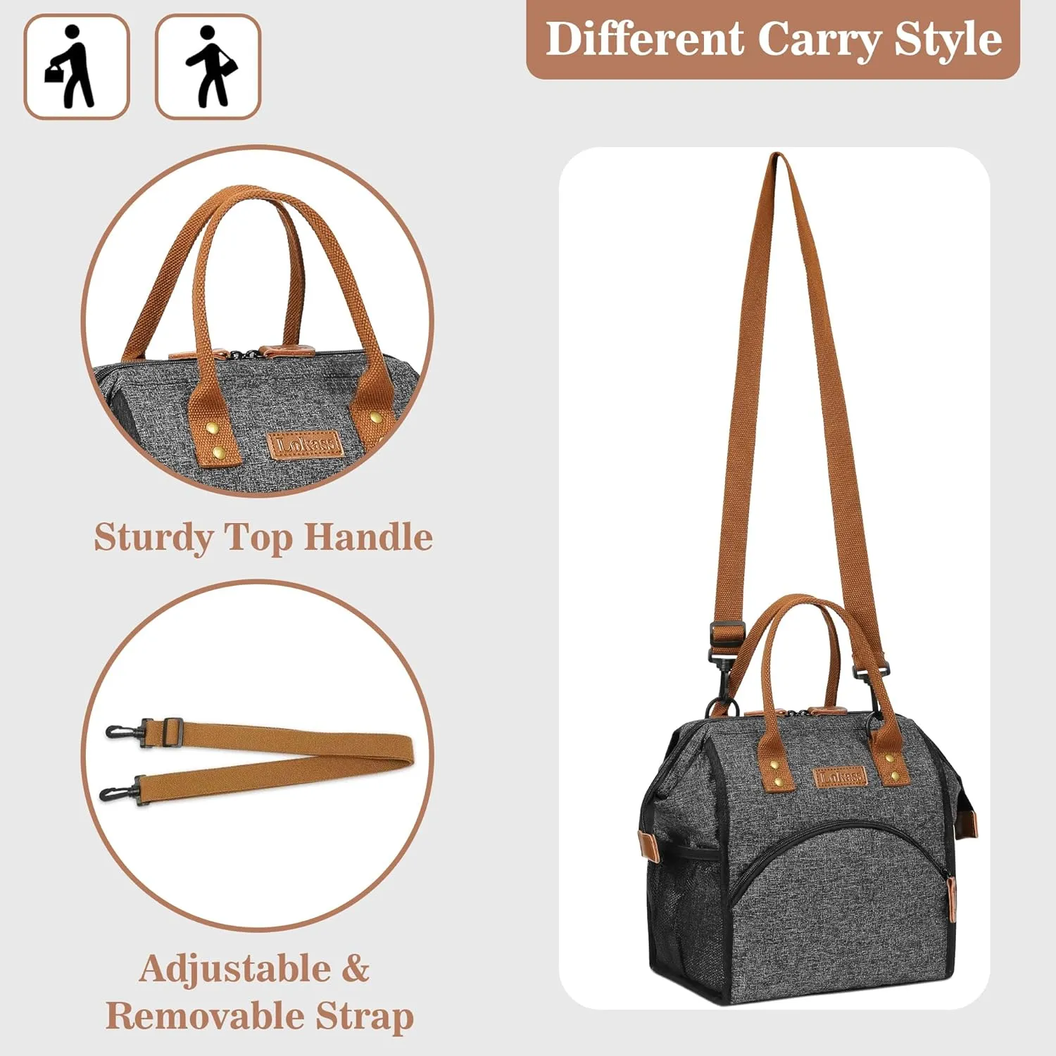 LOKASS Lunch Bag Insulated Lunch Box Wide-Open Lunch Tote Bag Large Drinks Holder Durable Nylon Snacks Organizer with Removable Shoulder Strap for Women Men Adults Work Outdoor,Black