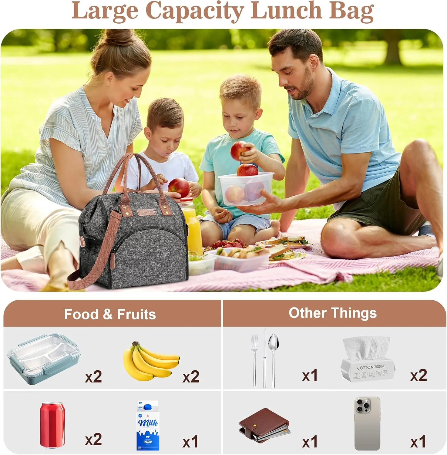 LOKASS Lunch Bag Insulated Lunch Box Wide-Open Lunch Tote Bag Large Drinks Holder Durable Nylon Snacks Organizer with Removable Shoulder Strap for Women Men Adults Work Outdoor,Black