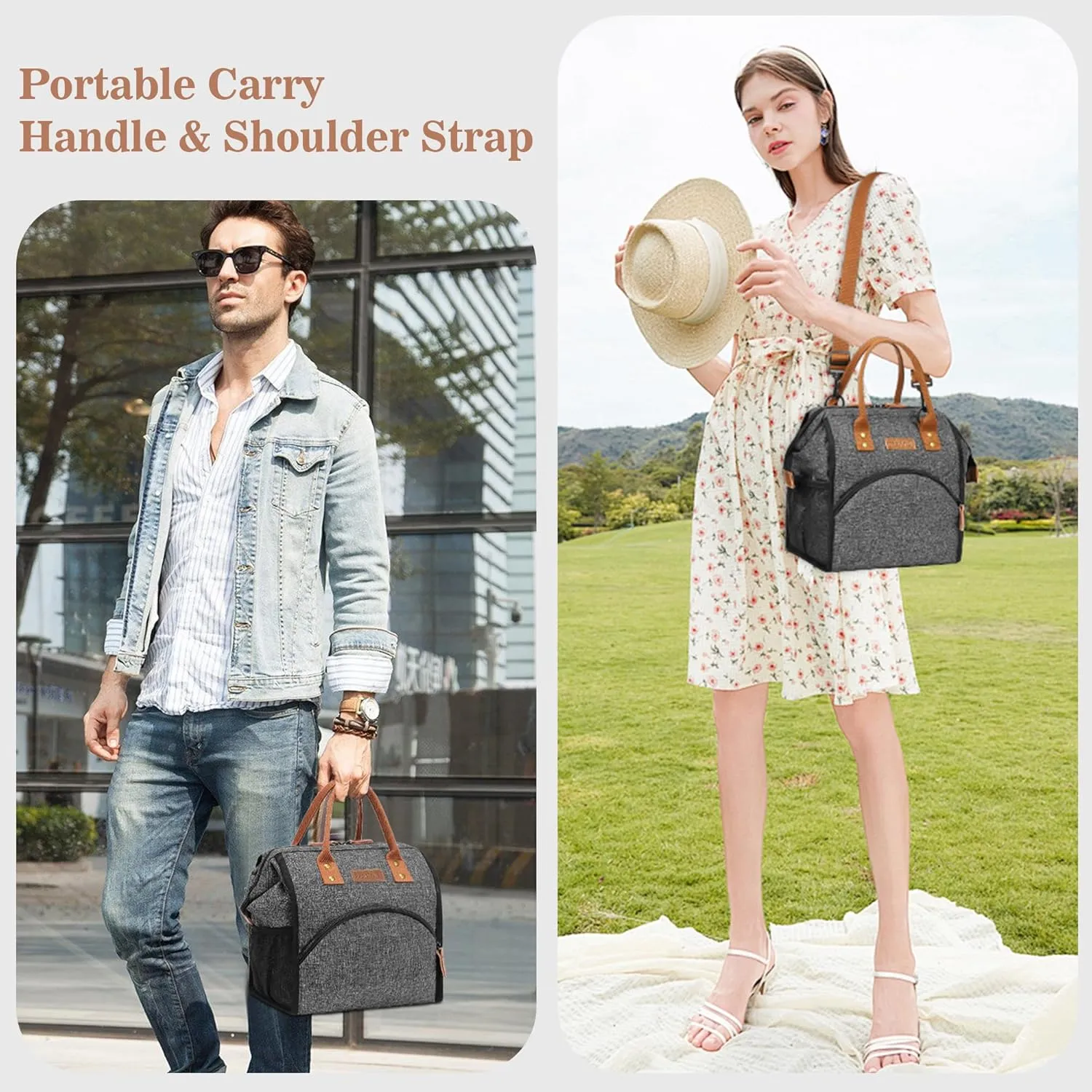 LOKASS Lunch Bag Insulated Lunch Box Wide-Open Lunch Tote Bag Large Drinks Holder Durable Nylon Snacks Organizer with Removable Shoulder Strap for Women Men Adults Work Outdoor,Black