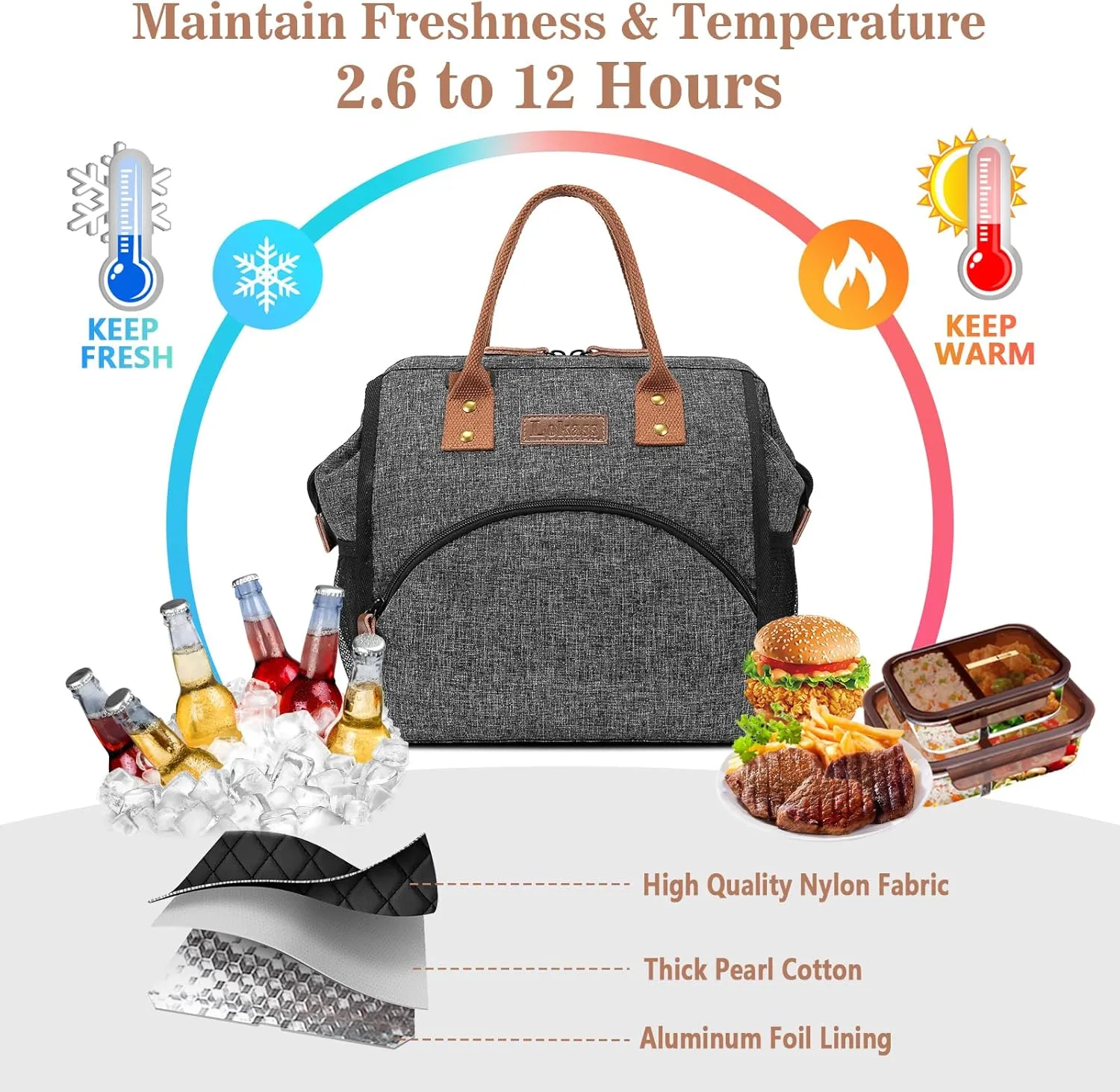 LOKASS Lunch Bag Insulated Lunch Box Wide-Open Lunch Tote Bag Large Drinks Holder Durable Nylon Snacks Organizer with Removable Shoulder Strap for Women Men Adults Work Outdoor,Black