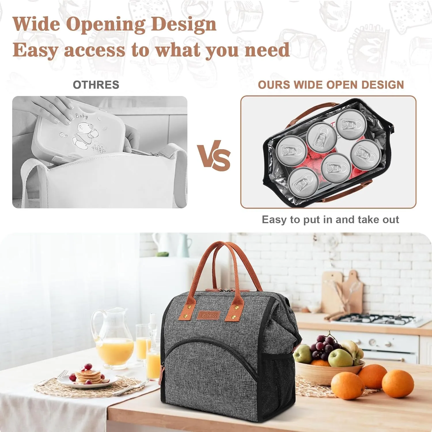 LOKASS Lunch Bag Insulated Lunch Box Wide-Open Lunch Tote Bag Large Drinks Holder Durable Nylon Snacks Organizer with Removable Shoulder Strap for Women Men Adults Work Outdoor,Black