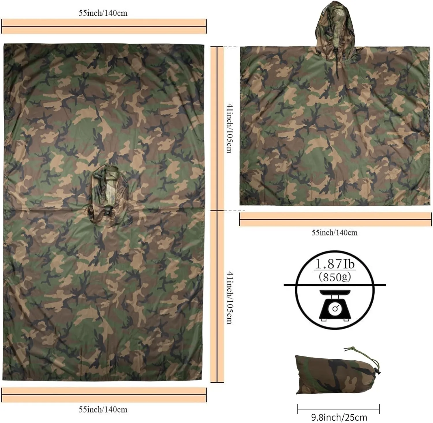LOOGU Military Poncho, Camo Poncho Waterproof, Emergency Raincoat Lightweight for Outdoor Hunting Hiking Camping