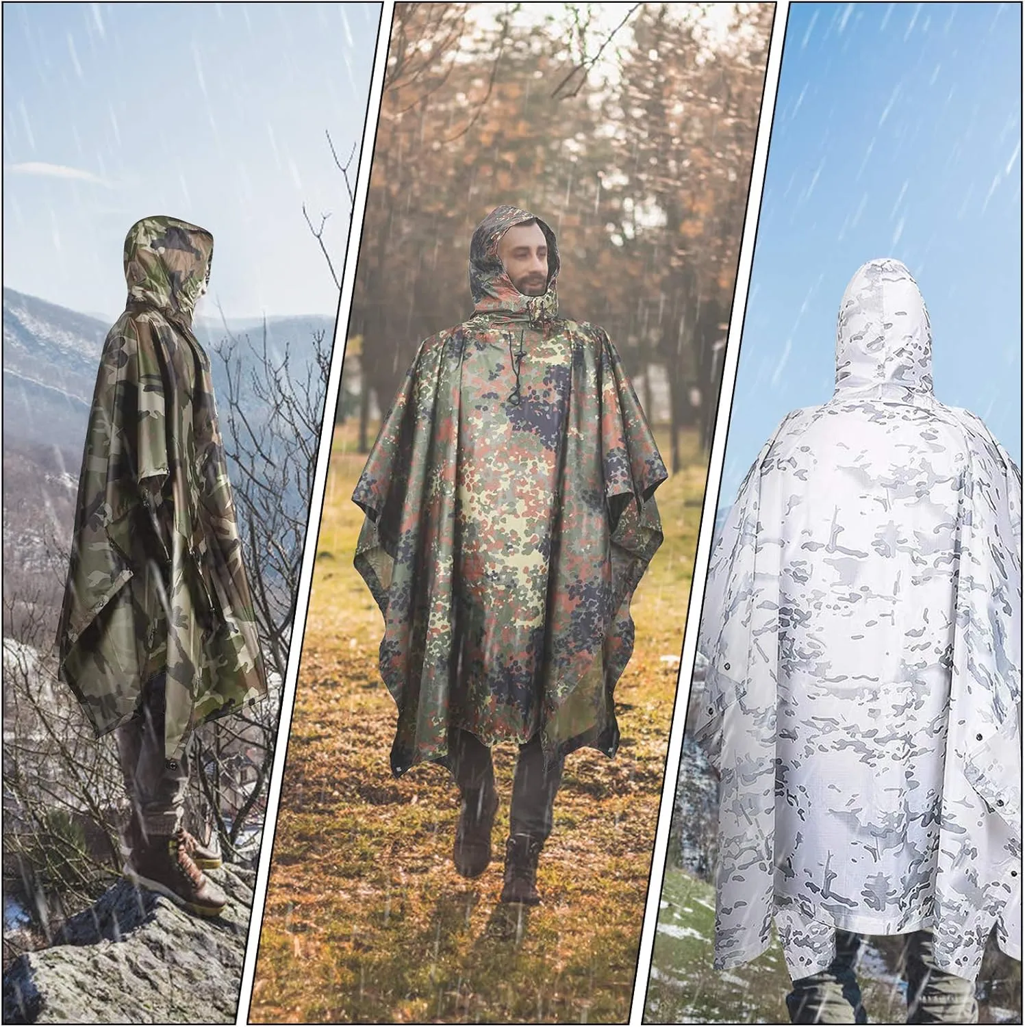 LOOGU Military Poncho, Camo Poncho Waterproof, Emergency Raincoat Lightweight for Outdoor Hunting Hiking Camping