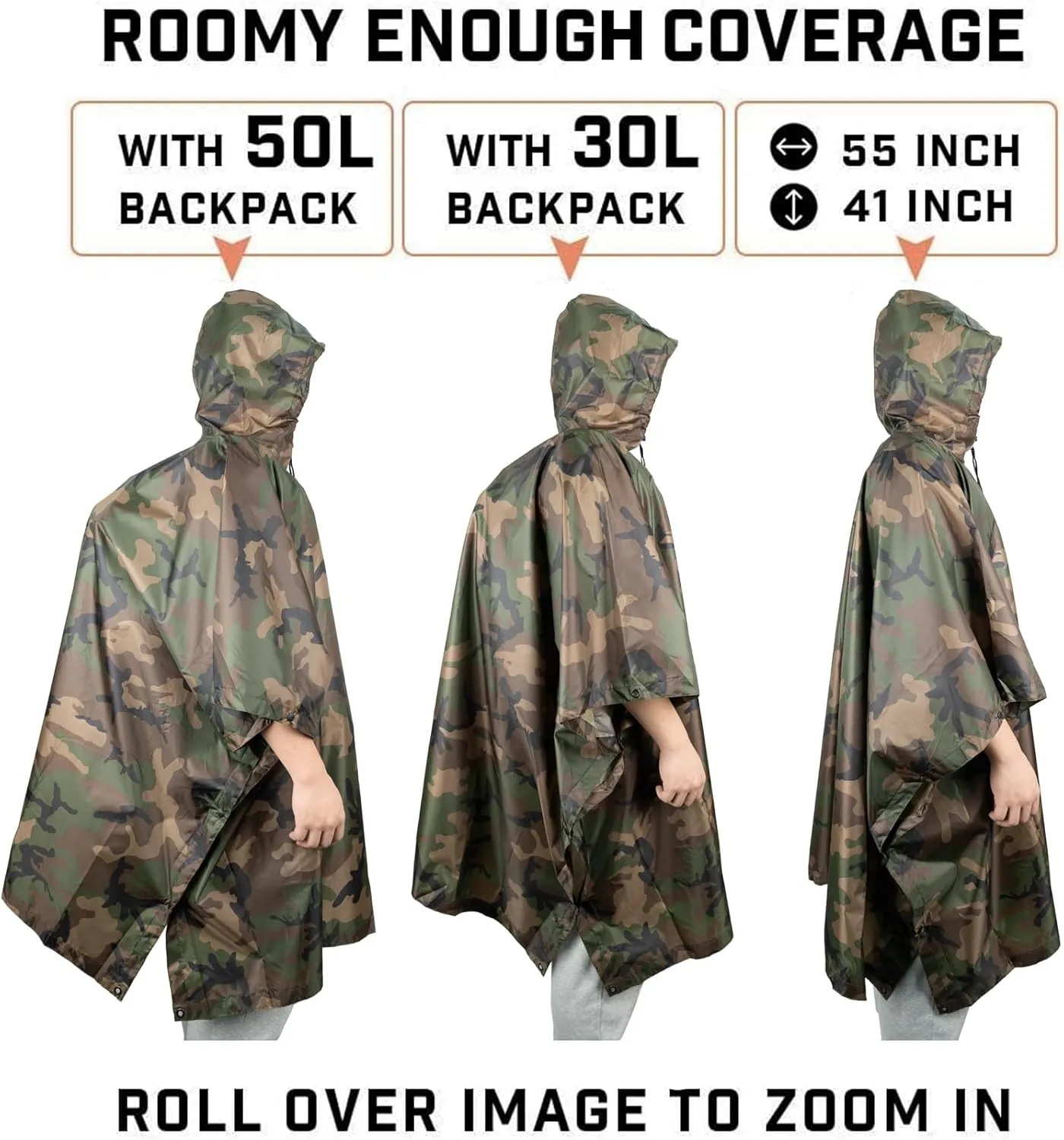 LOOGU Military Poncho, Camo Poncho Waterproof, Emergency Raincoat Lightweight for Outdoor Hunting Hiking Camping