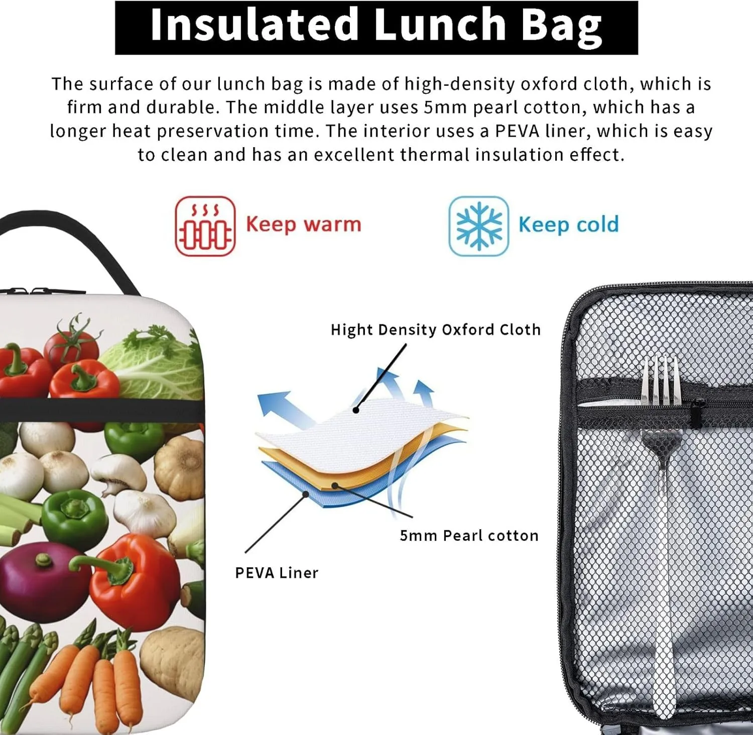 Lunch Box for Women Men Insulated Lunch Bag Introduction of various vegetables Reusable Lunch Tote Bags for Work Office Travel