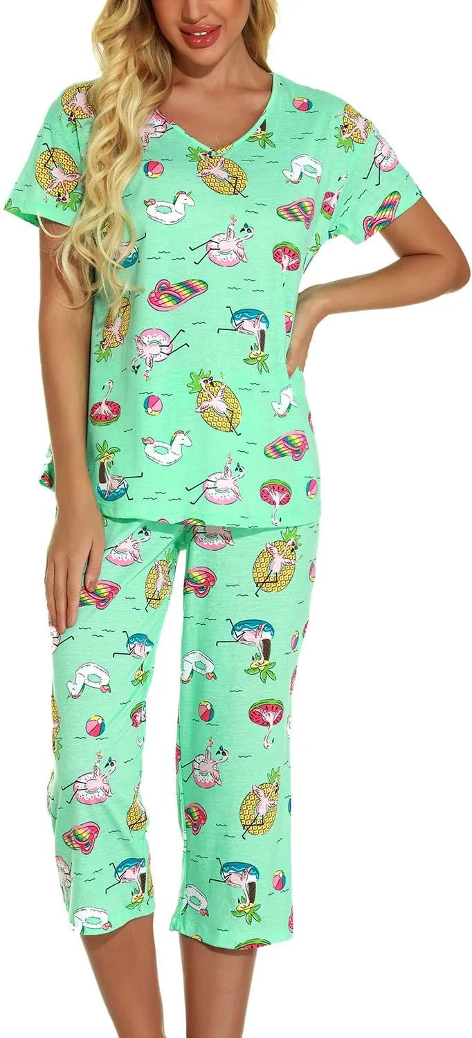 Lu's Chic Women's Cute Pajama Set Soft Cotton Capri Short Sleeve Comfy Pjs Pant Two Piece Sleepwear