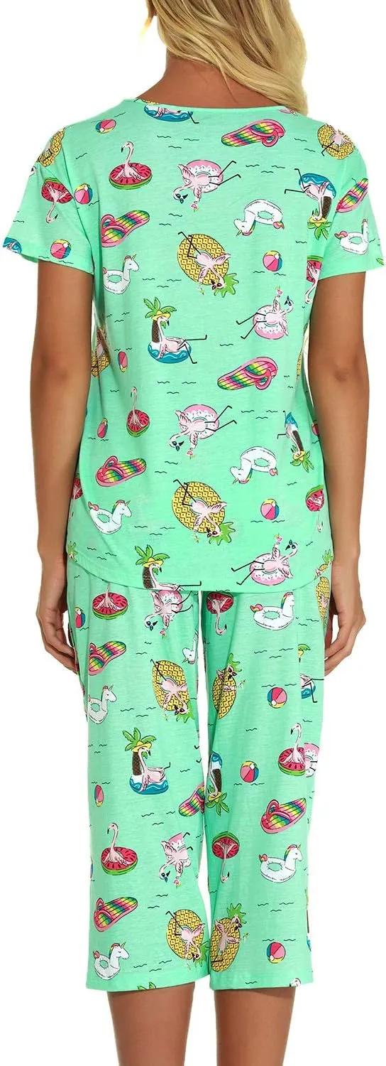 Lu's Chic Women's Cute Pajama Set Soft Cotton Capri Short Sleeve Comfy Pjs Pant Two Piece Sleepwear