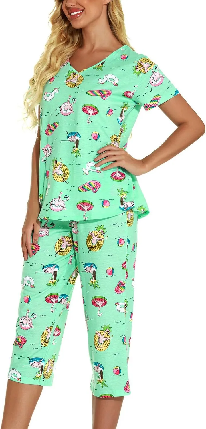Lu's Chic Women's Cute Pajama Set Soft Cotton Capri Short Sleeve Comfy Pjs Pant Two Piece Sleepwear