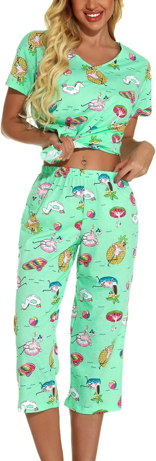 Lu's Chic Women's Cute Pajama Set Soft Cotton Capri Short Sleeve Comfy Pjs Pant Two Piece Sleepwear