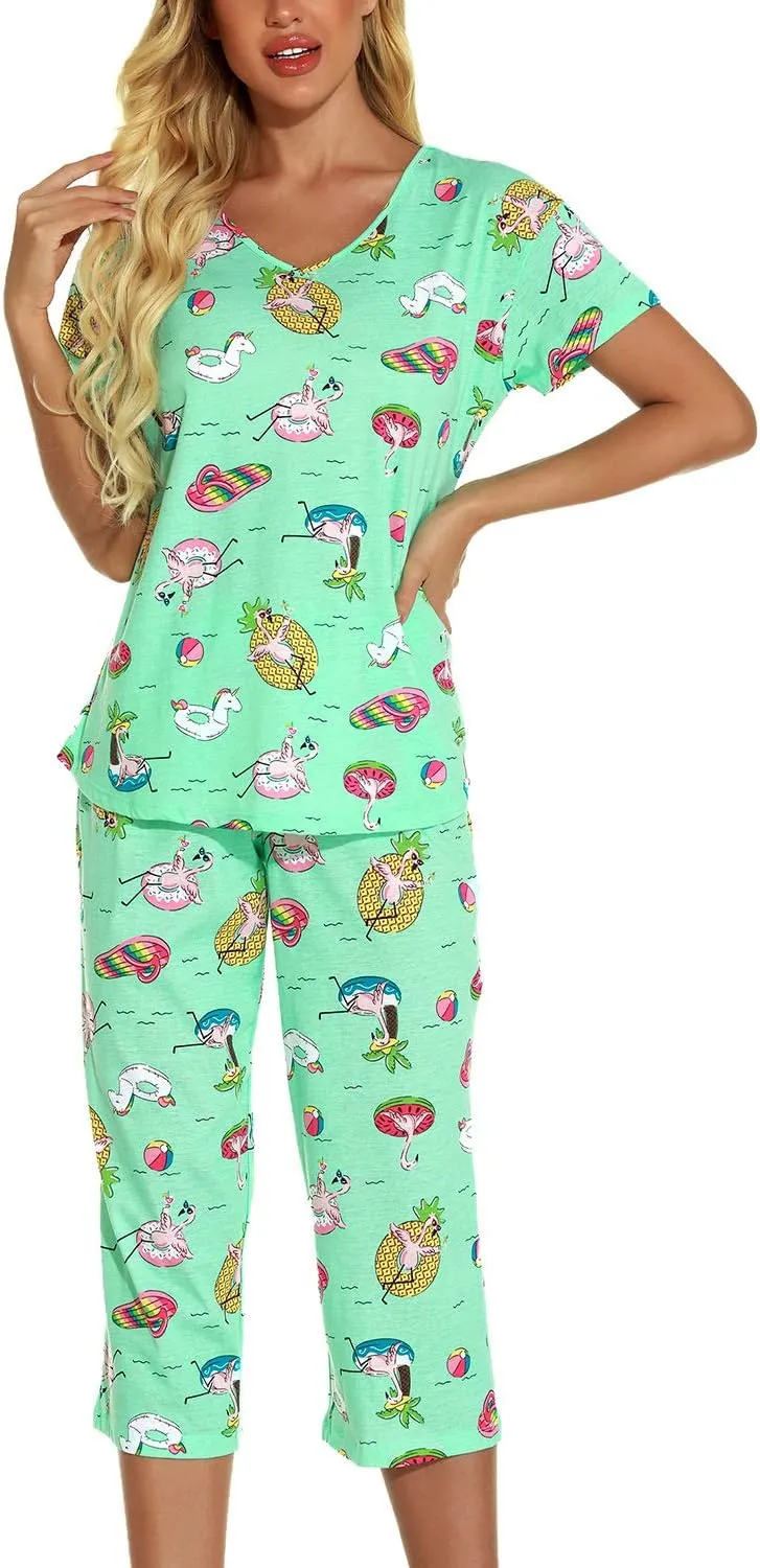 Lu's Chic Women's Cute Pajama Set Soft Cotton Capri Short Sleeve Comfy Pjs Pant Two Piece Sleepwear
