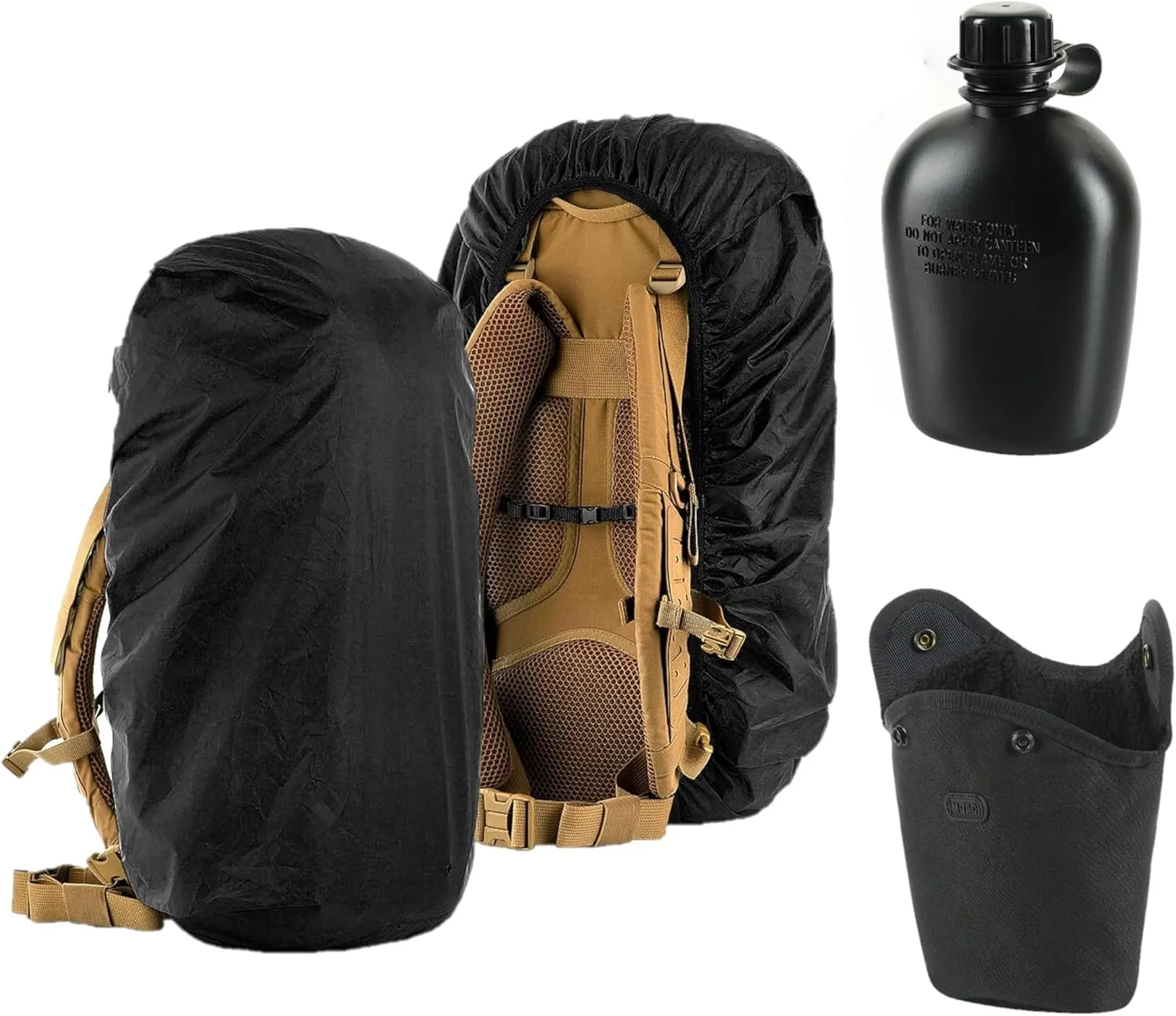 M-Tac 1 Quart Plastic Canteen 34 Oz /1L bundle Molle Canteen Pouch Bag Waterproof Rain Cover for Backpack