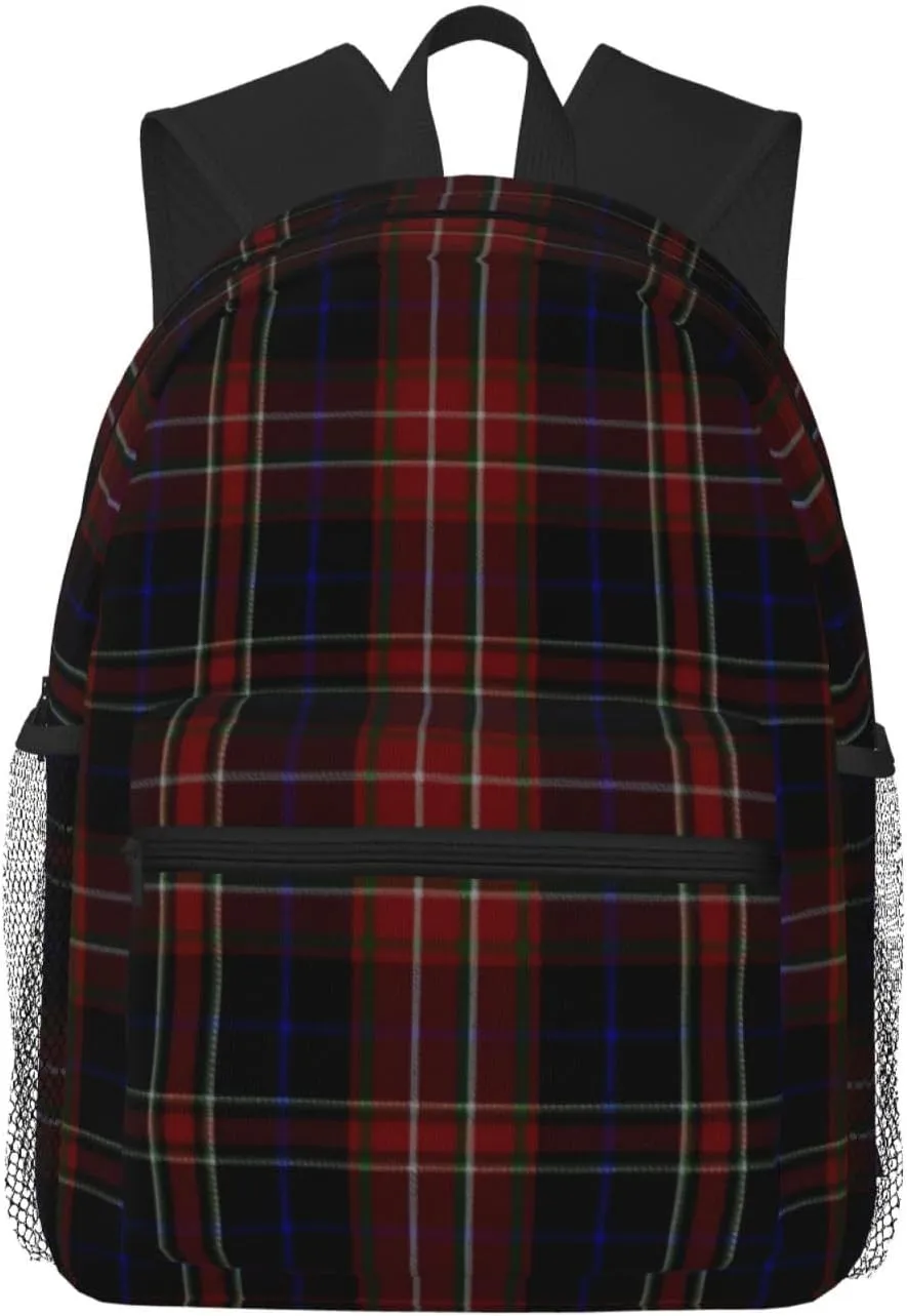 Macdonald Tartan Plaid Black Red Functional Casual Backpack – Breathable Polyester Pack, Ergonomic Design Daypack For Commuting Cycling Outdoor Activities