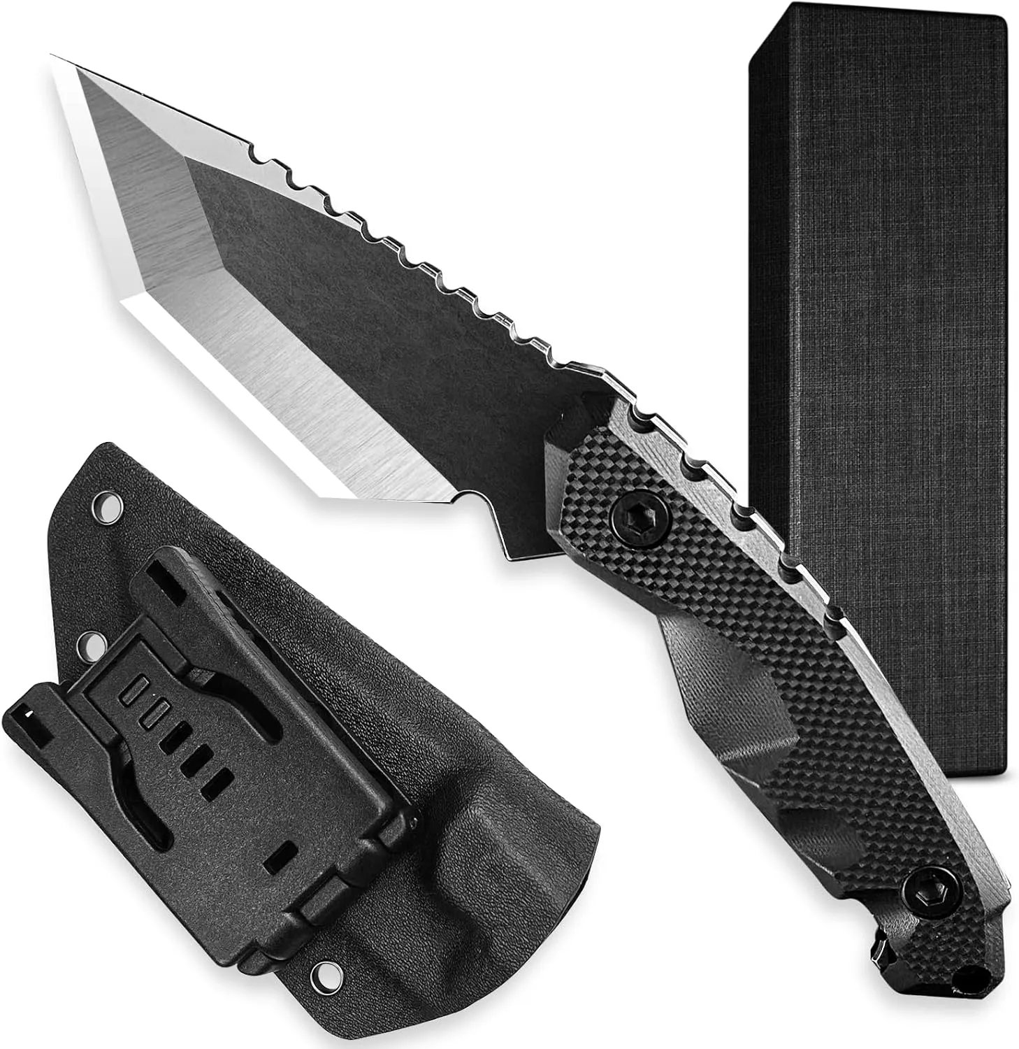 MADSABRE 8.3" Serrated Edge Full Tang Fixed Blade Survival Tactical Knives with Kydex Sheath - D2 Steel Tanto Blade and G10 Handle Fixed Blade Hunting Knife Camping Knives, Gifts for Men