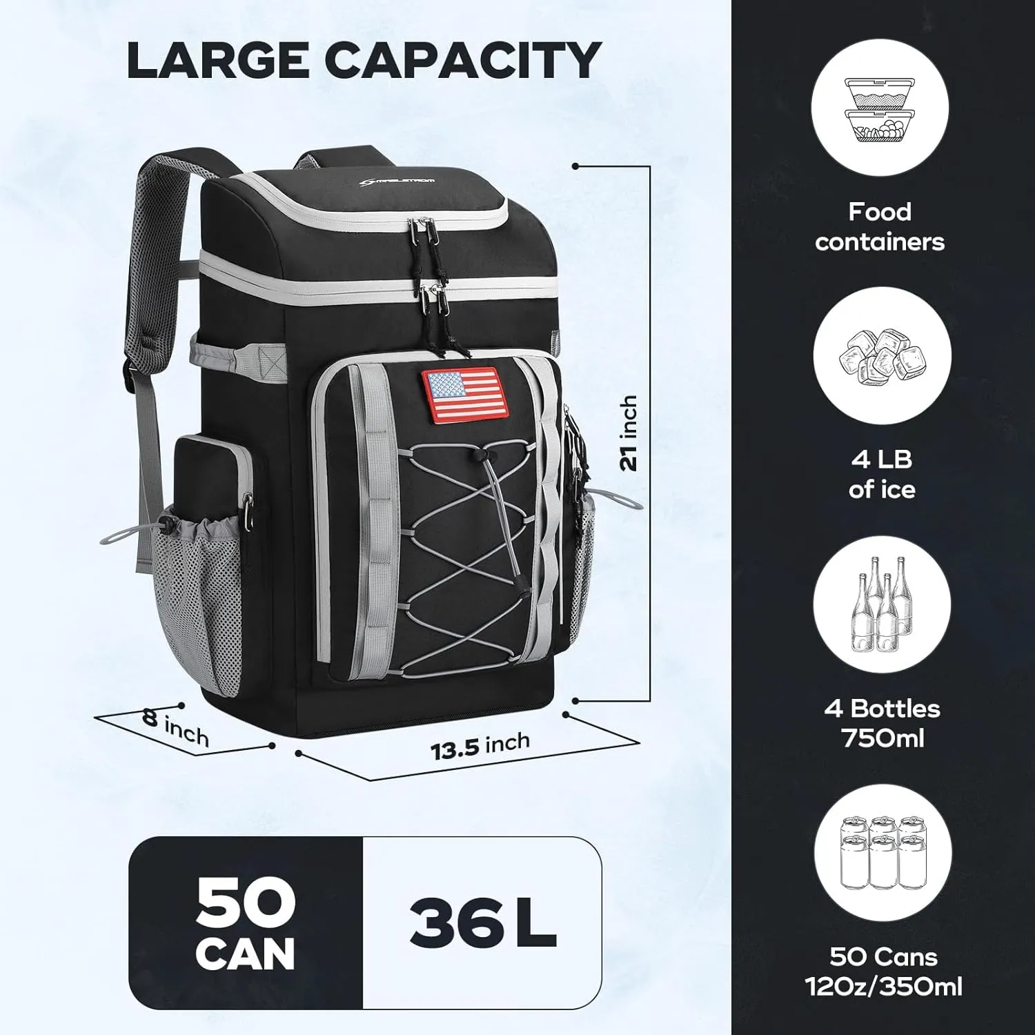Maelstrom Backpack Cooler,Soft Lightweight Leakproof Cooler Backpack,50 Can Insulated Cooler Bag,Keeps 50 Cans Hot/Cold for Up to 16 Hours,Waterproof Lunch Bag for Men Women-Black