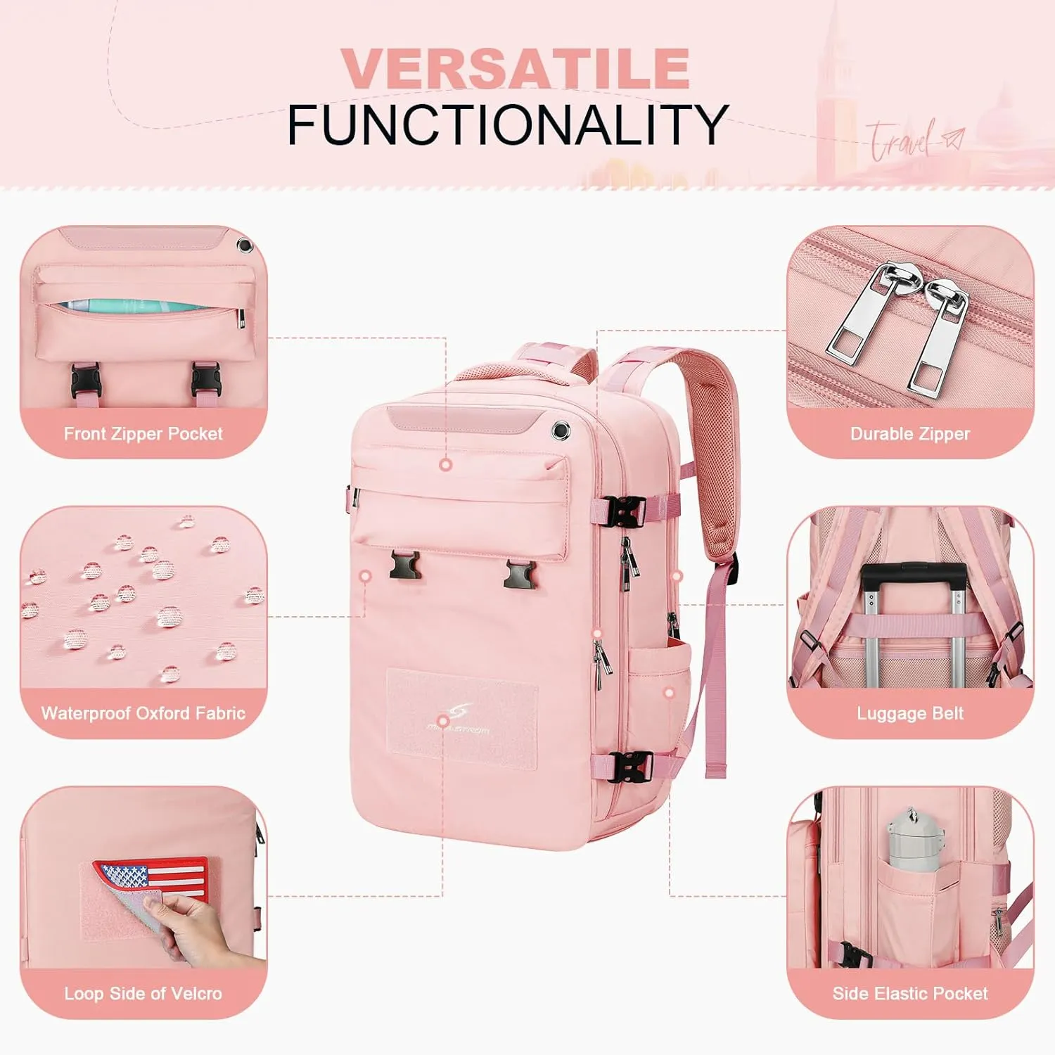 Maelstrom Travel Backpack for Women Men,25L Laptop Backpack Fits 17-Inch Laptop,Waterproof Carry On Backpack for Airplanes with Detachable Crossbody Bag&Shoe Compartment,Pink