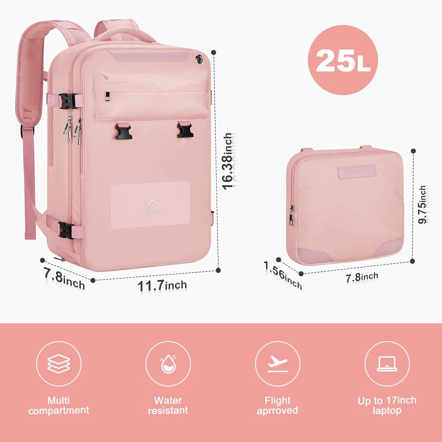 Maelstrom Travel Backpack for Women Men,25L Laptop Backpack Fits 17-Inch Laptop,Waterproof Carry On Backpack for Airplanes with Detachable Crossbody Bag&Shoe Compartment,Pink