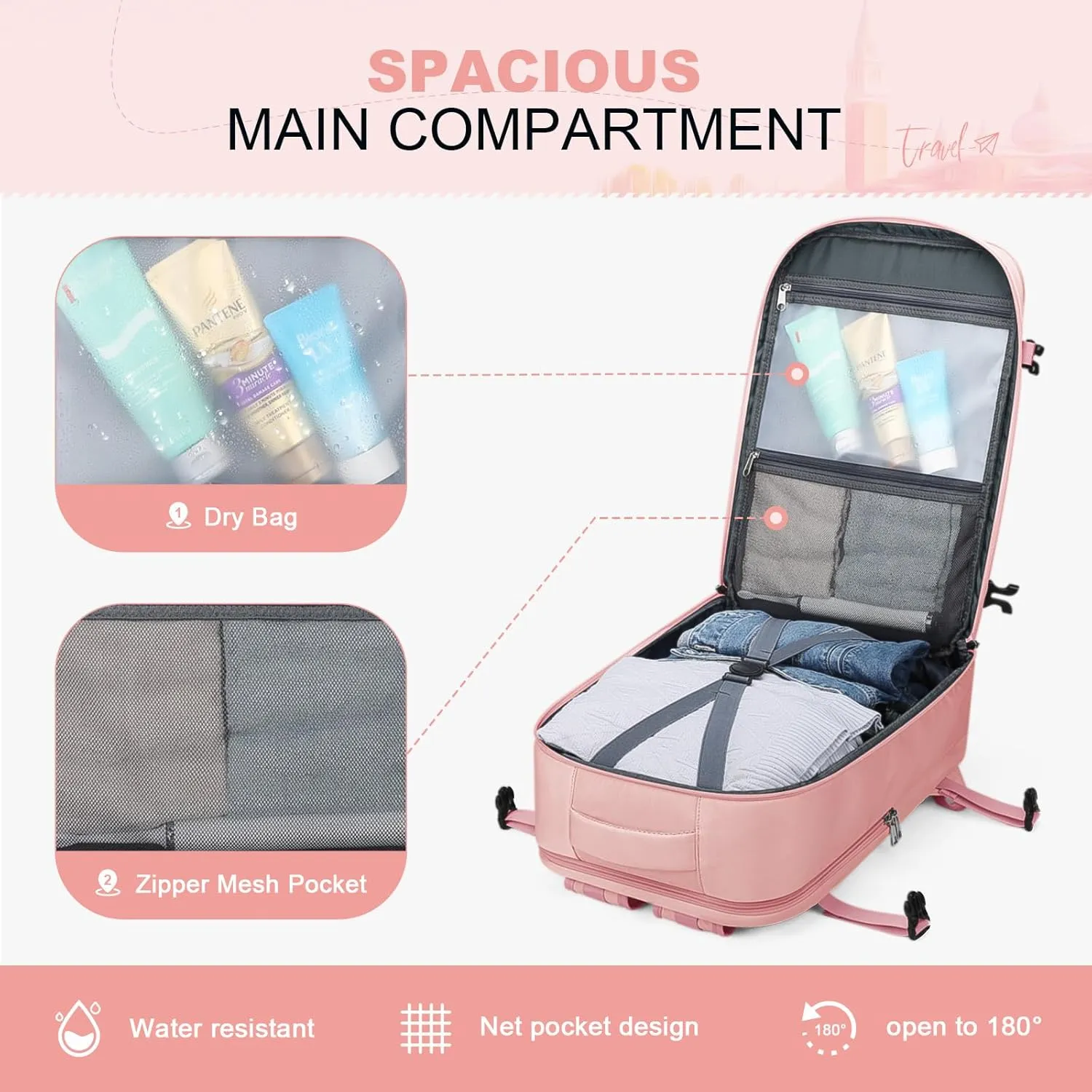 Maelstrom Travel Backpack for Women Men,25L Laptop Backpack Fits 17-Inch Laptop,Waterproof Carry On Backpack for Airplanes with Detachable Crossbody Bag&Shoe Compartment,Pink