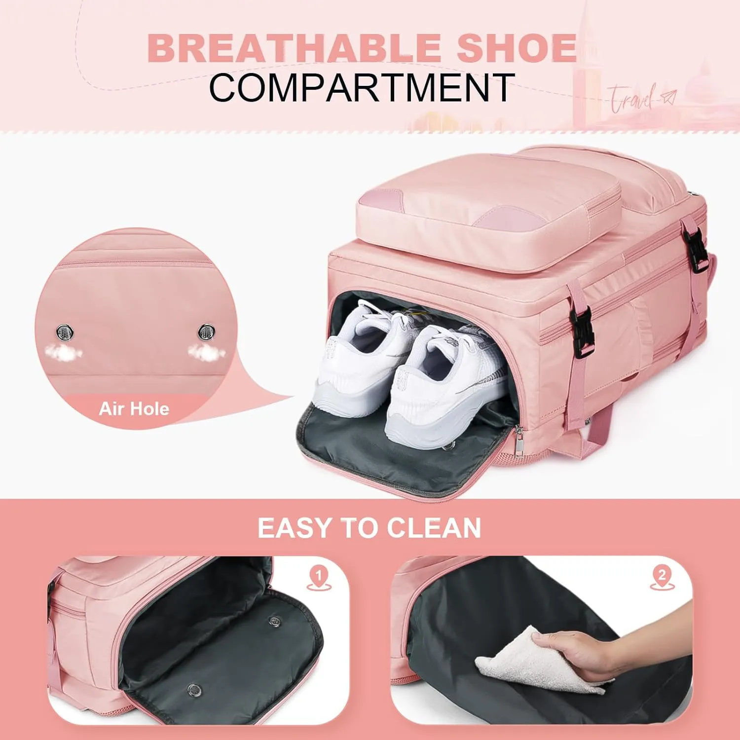 Maelstrom Travel Backpack for Women Men,25L Laptop Backpack Fits 17-Inch Laptop,Waterproof Carry On Backpack for Airplanes with Detachable Crossbody Bag&Shoe Compartment,Pink