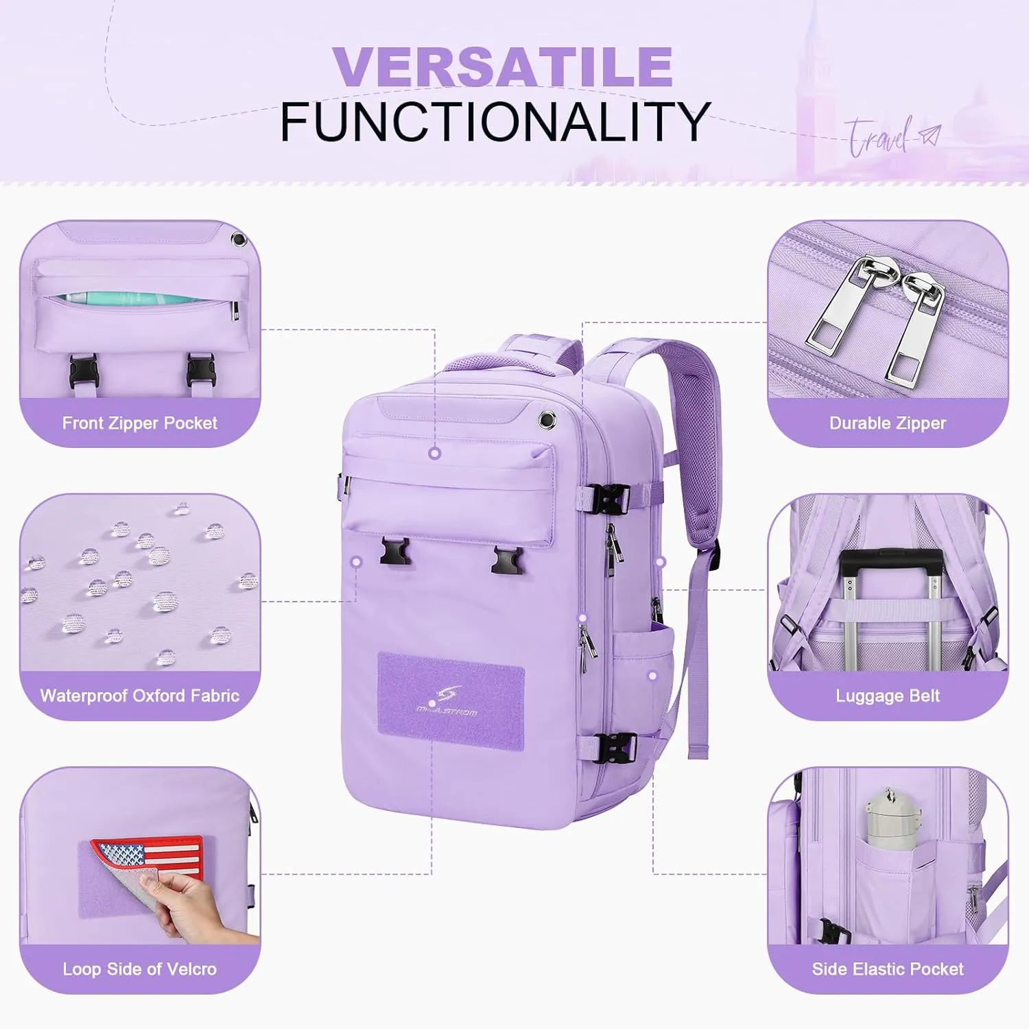 Maelstrom Travel Backpack for Women Men,25L Laptop Backpack Fits 17-Inch Laptop,Waterproof Carry On Backpack for Airplanes with Detachable Crossbody Bag&Shoe Compartment,Purple