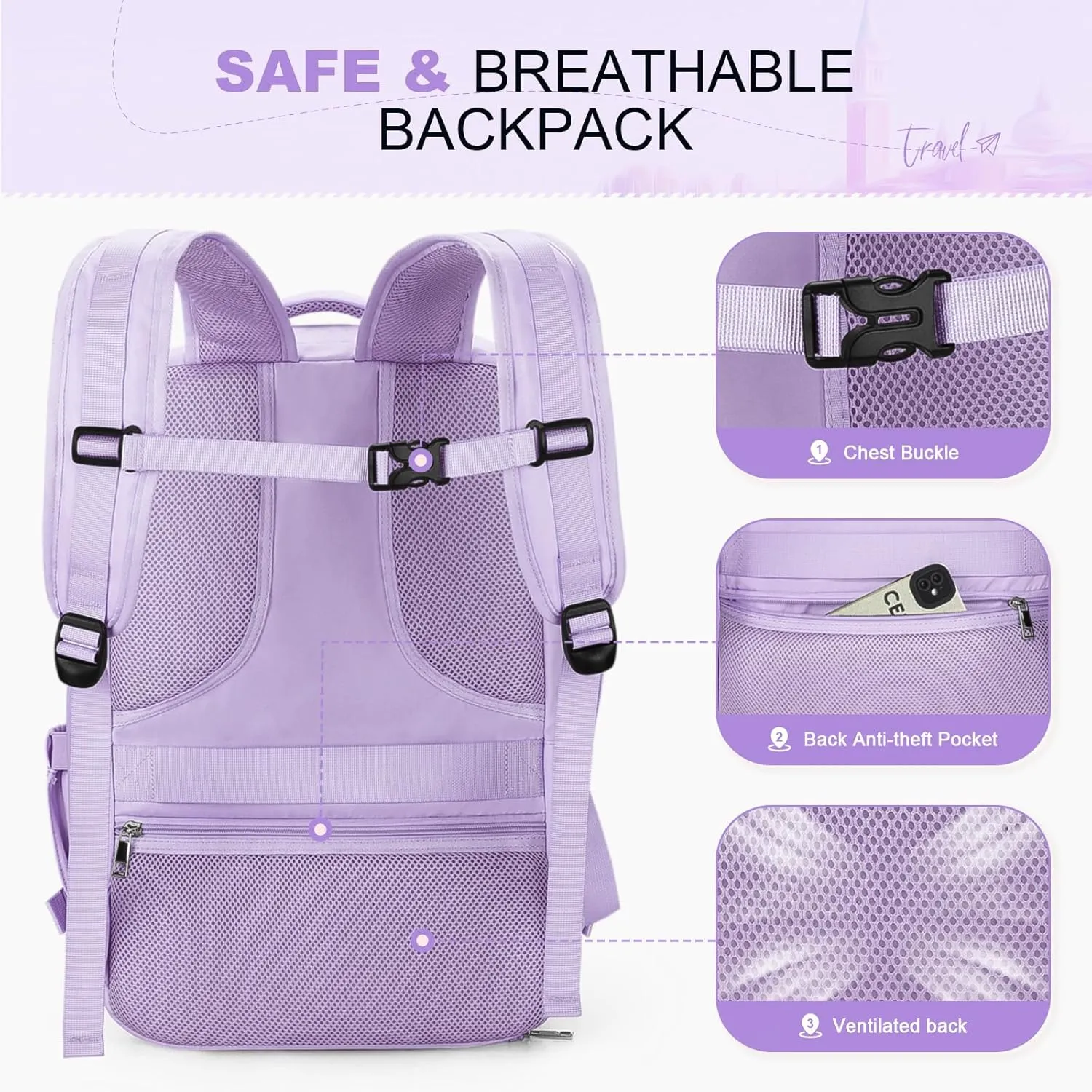 Maelstrom Travel Backpack for Women Men,25L Laptop Backpack Fits 17-Inch Laptop,Waterproof Carry On Backpack for Airplanes with Detachable Crossbody Bag&Shoe Compartment,Purple