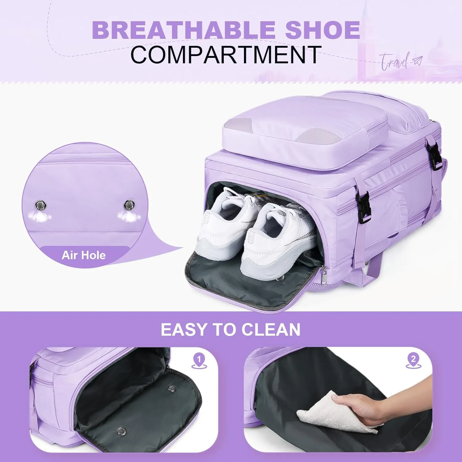 Maelstrom Travel Backpack for Women Men,25L Laptop Backpack Fits 17-Inch Laptop,Waterproof Carry On Backpack for Airplanes with Detachable Crossbody Bag&Shoe Compartment,Purple