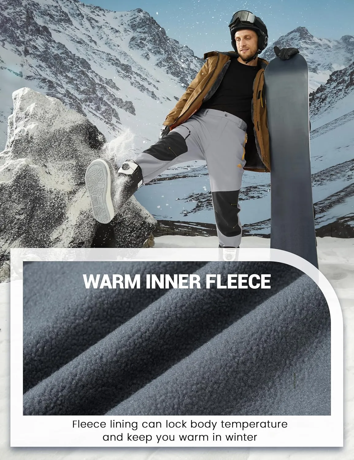 MAGCOMSEN Winter Pants for Men Snow Ski Pants Fleece Lined Water Resistant Softshell Hiking Pants 4 Pockets