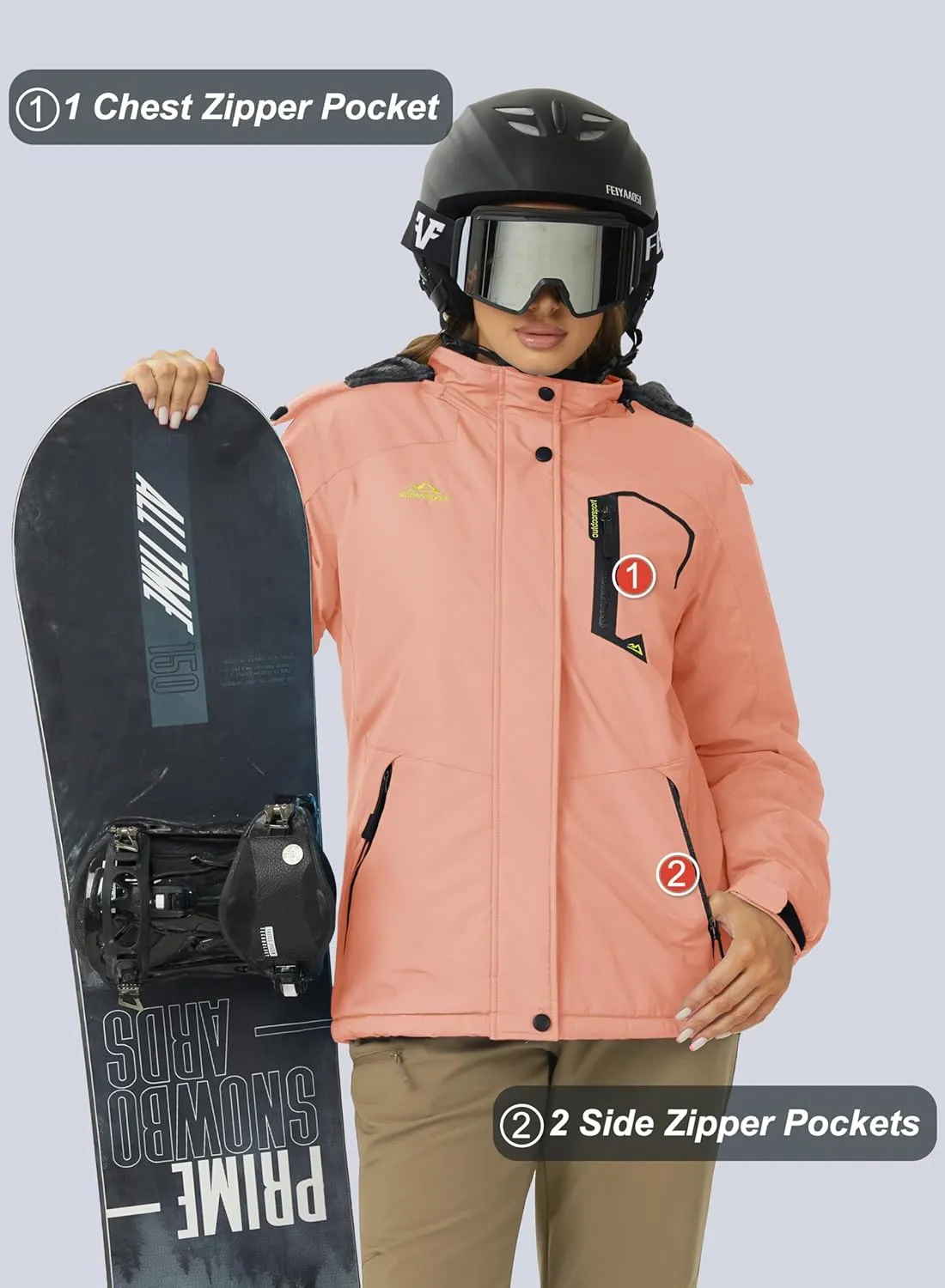 MAGCOMSEN Women's Ski Jacket Waterproof Insulated Snow Jacket Warm Windproof Winter Coats with Hood Fleece Lined Jacket