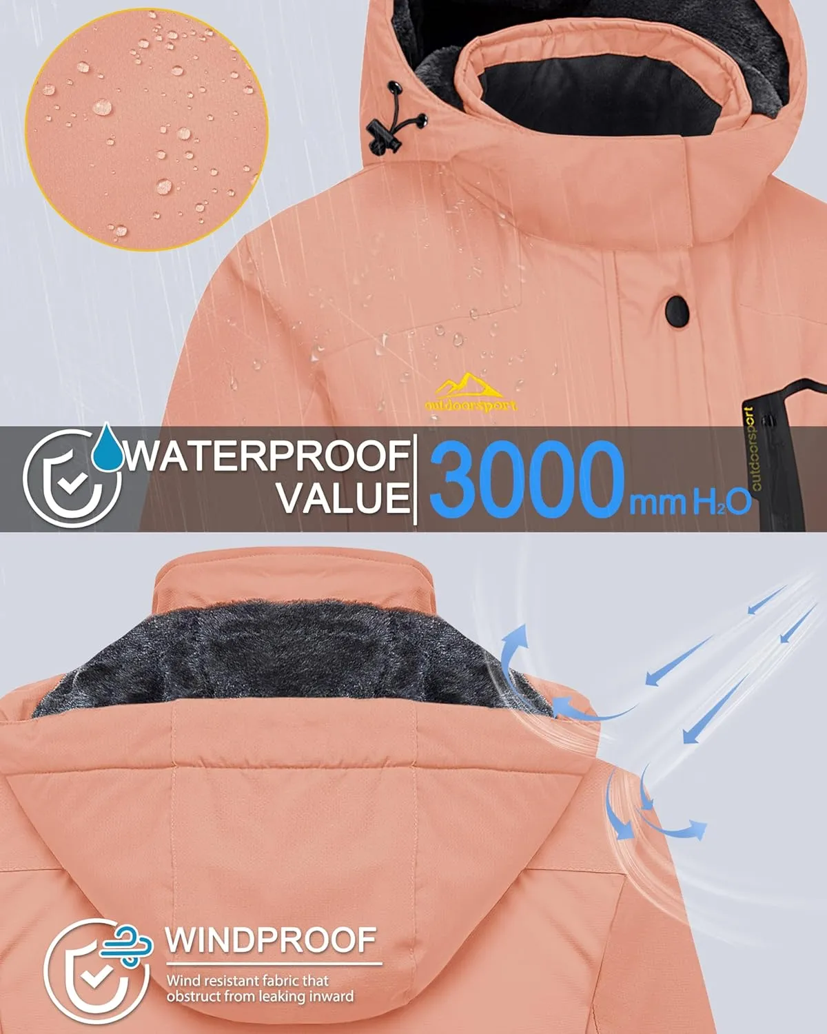 MAGCOMSEN Women's Ski Jacket Waterproof Insulated Snow Jacket Warm Windproof Winter Coats with Hood Fleece Lined Jacket