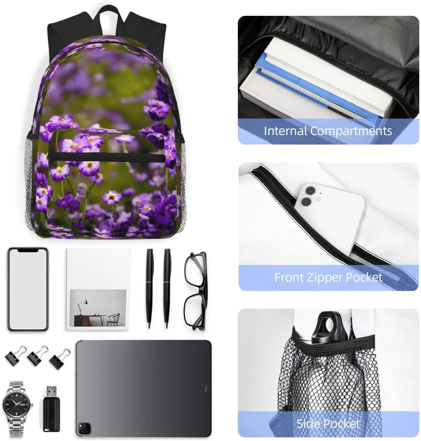 Many Purple Flowers Print Comfortable Backpack,Your Essential Casual Travel Bag For Outdoor Adventures