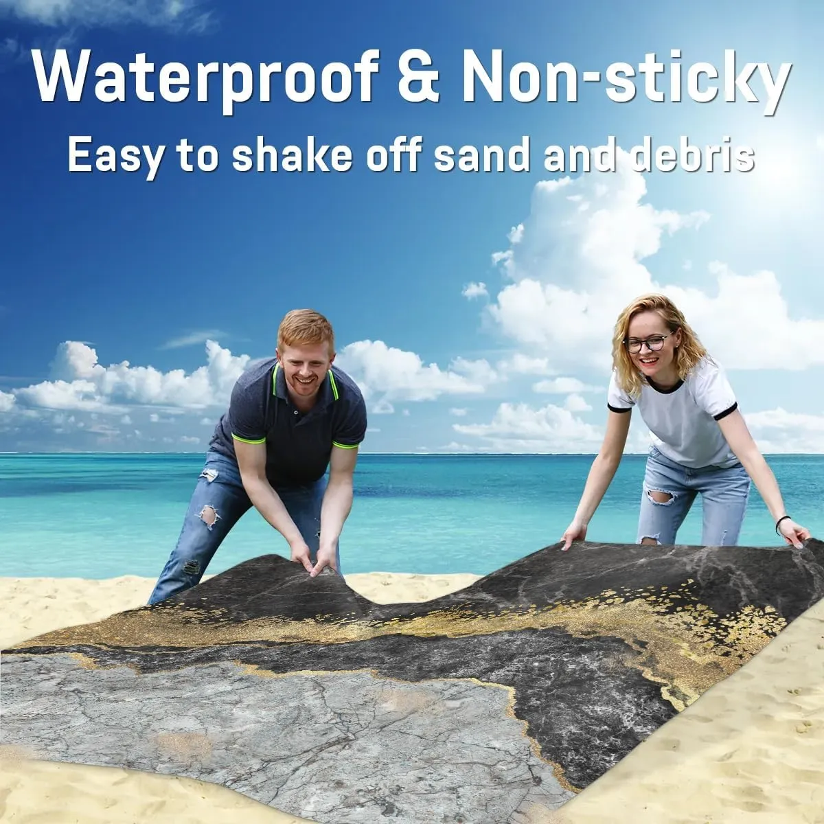 Marble Beach Blanket, Sandproof Beach Mat, 68 x 59 Waterproof Quick Drying Sand Free Mat with 4 x Ground Spikes for Outdoor Travel Camping Hiking, Abstract Modern