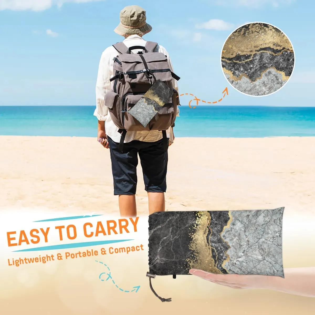 Marble Beach Blanket, Sandproof Beach Mat, 68 x 59 Waterproof Quick Drying Sand Free Mat with 4 x Ground Spikes for Outdoor Travel Camping Hiking, Abstract Modern