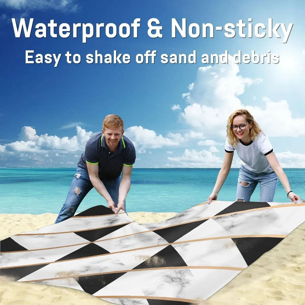 Marble Beach Blanket, Sandproof Beach Mat, 68 x 59 Waterproof Quick Drying Sand Free Mat with 4 x Ground Spikes for Outdoor Travel Camping Hiking, Marble Print