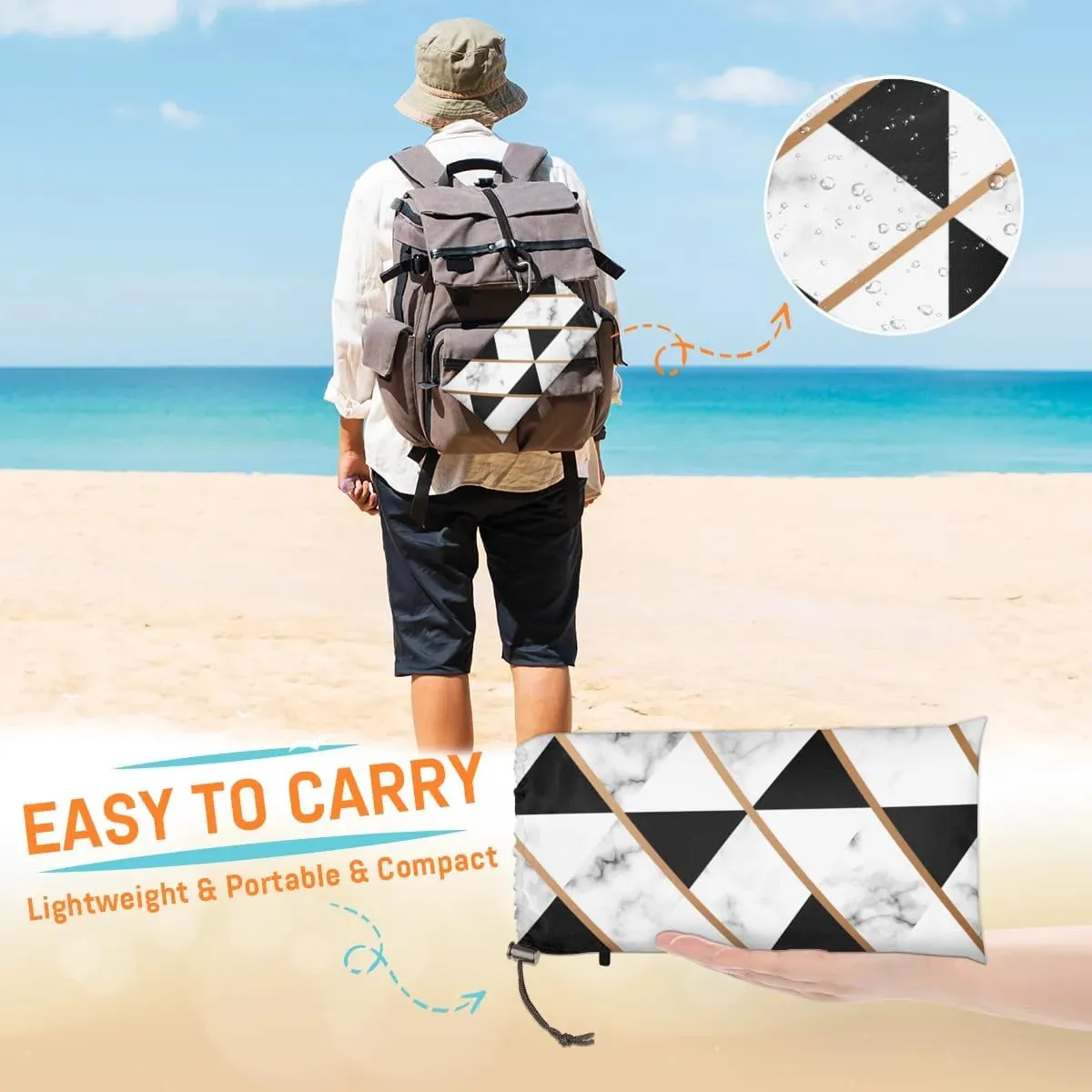 Marble Beach Blanket, Sandproof Beach Mat, 68 x 59 Waterproof Quick Drying Sand Free Mat with 4 x Ground Spikes for Outdoor Travel Camping Hiking, Marble Print