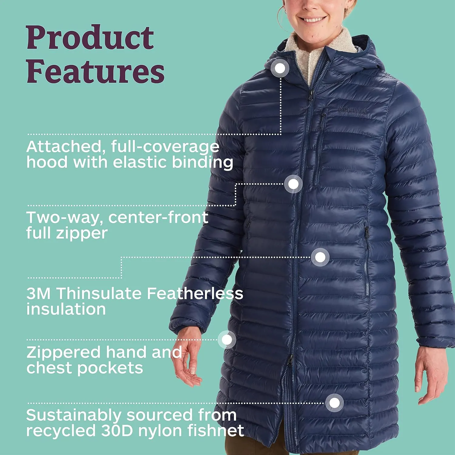 MARMOT Women's Echo Featherless Long Jacket - Mid-Thigh, Lightweight Down-Alternative Puffer with Hood