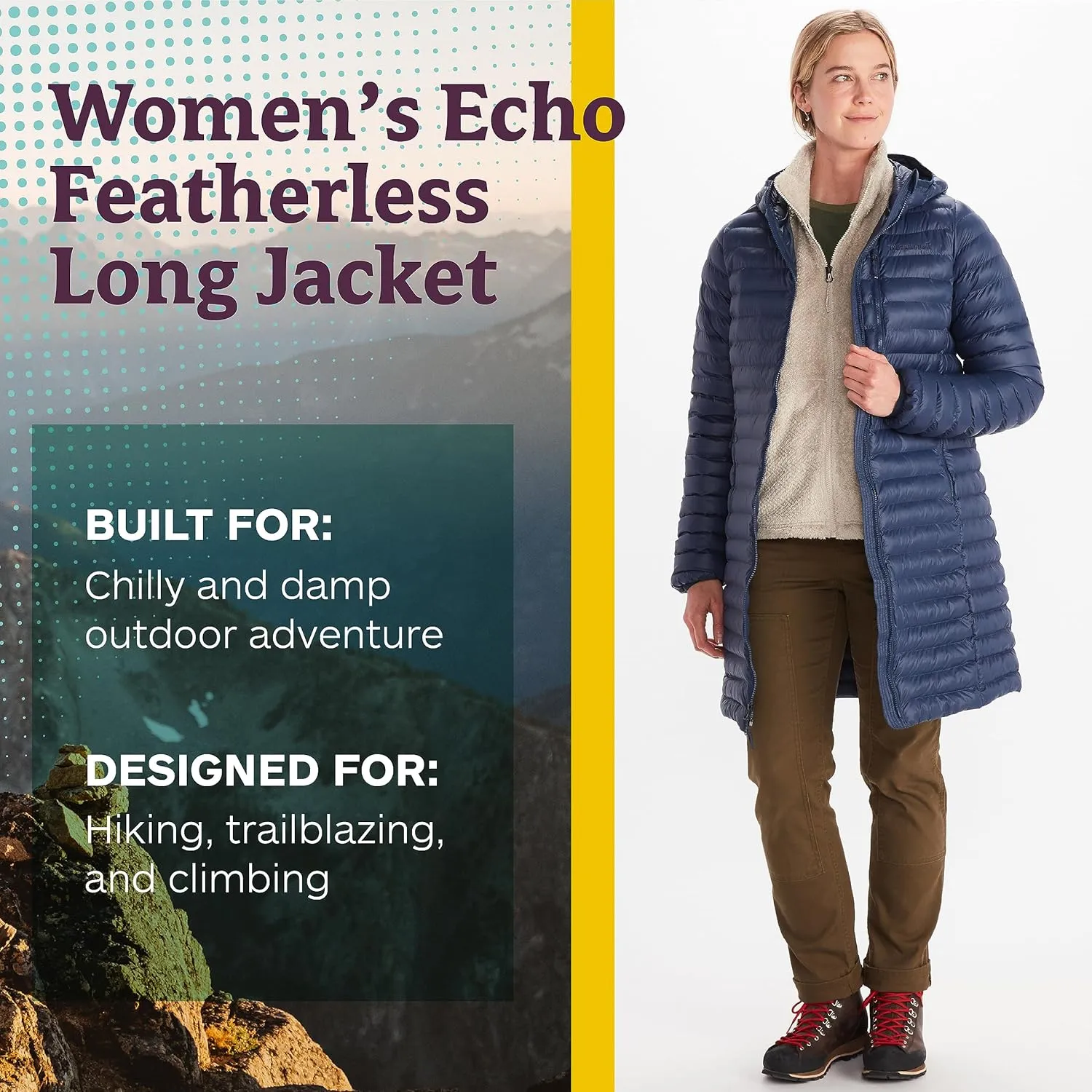 MARMOT Women's Echo Featherless Long Jacket - Mid-Thigh, Lightweight Down-Alternative Puffer with Hood