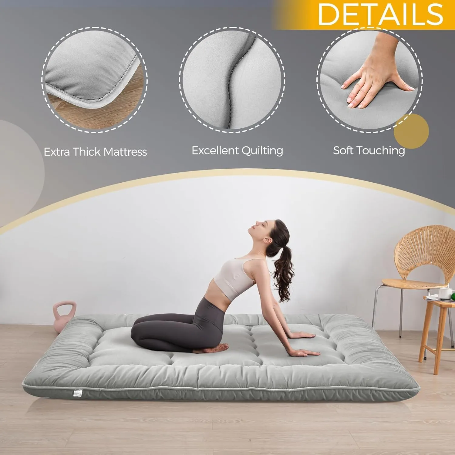 MAXYOYO 6" Thick Japanese Floor Mattress Futon Mattress, Foldable Tatami Pad for Adults, Roll Up Floor Bed for Guest Room Bedroom RV, Grey, Full