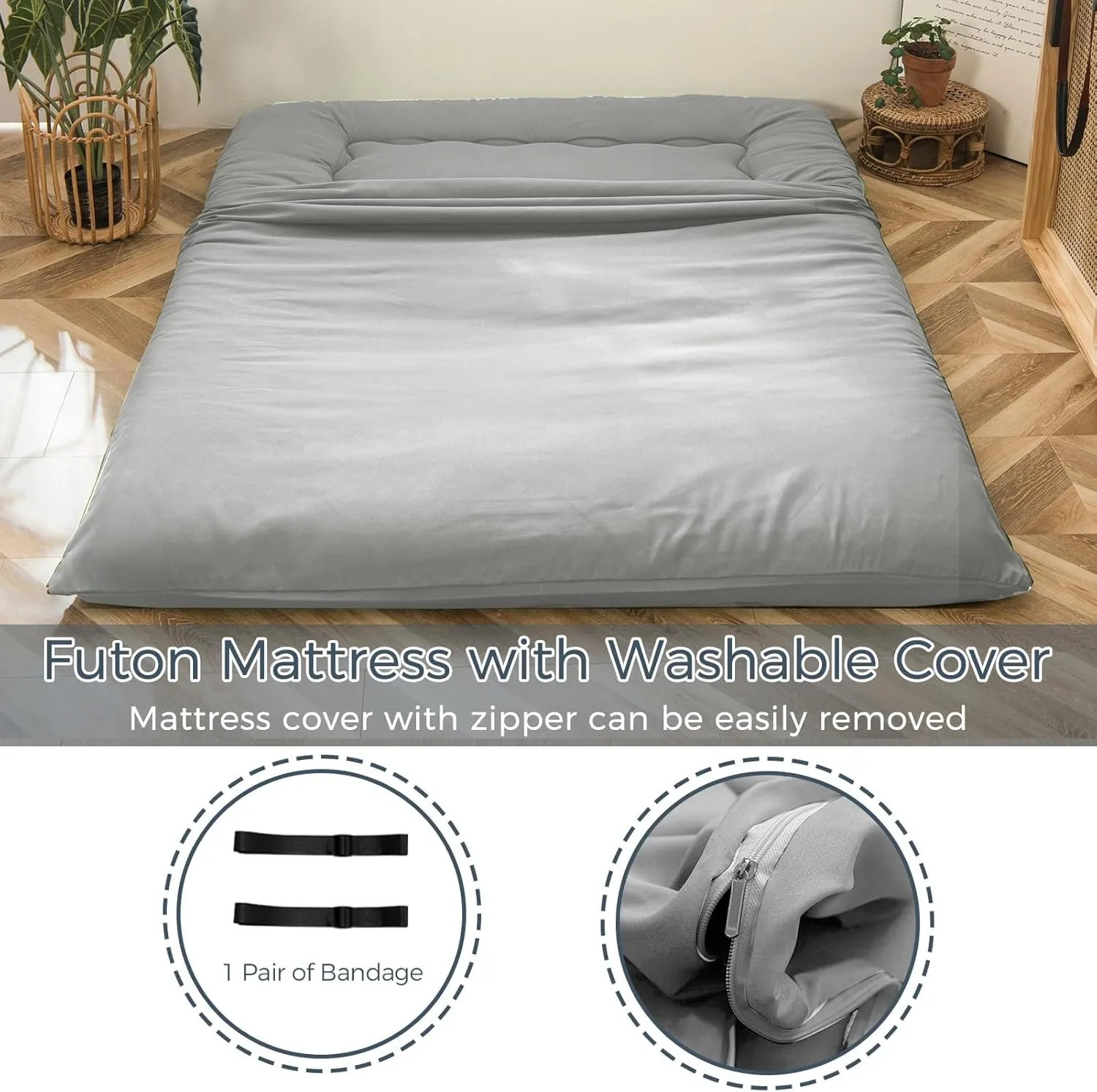 MAXYOYO 6" Thick Japanese Floor Mattress Futon Mattress, Foldable Tatami Pad for Adults, Roll Up Floor Bed for Guest Room Bedroom RV, Grey, Full