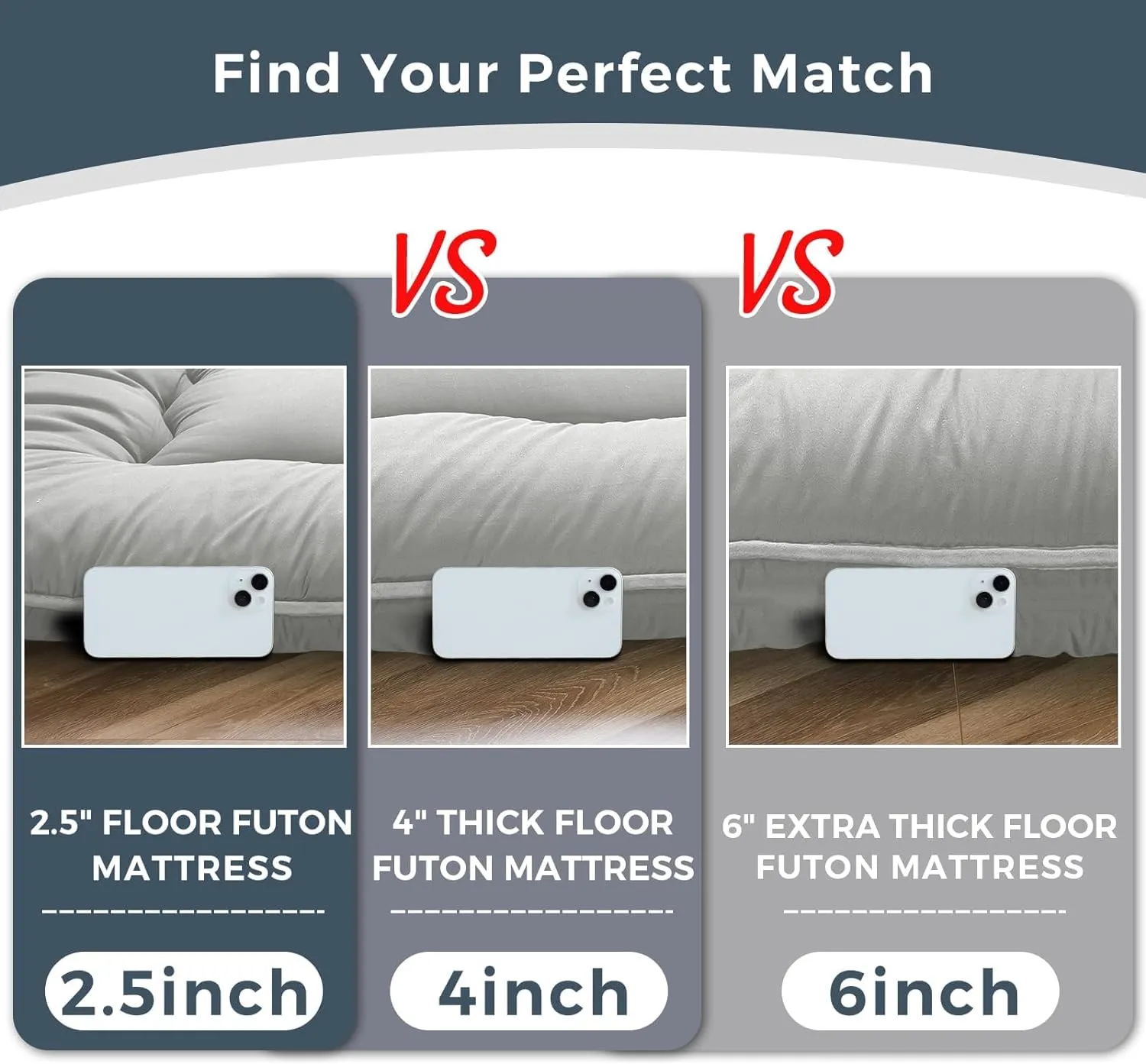 MAXYOYO 6" Thick Japanese Floor Mattress Futon Mattress, Foldable Tatami Pad for Adults, Roll Up Floor Bed for Guest Room Bedroom RV, Grey, Full
