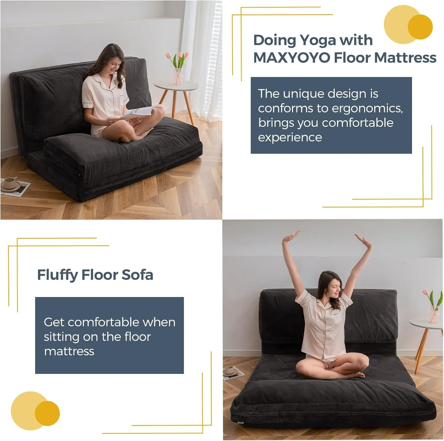 MAXYOYO Bean Bag Bed Folding Sofa Bed Floor Mattress for Adults, Extra Thick and Long Floor Sofa with Faux Fur Washable Cover, Single Floor Couch Bed for Bedroom Living Room, Dark Grey, 30x95 Inch