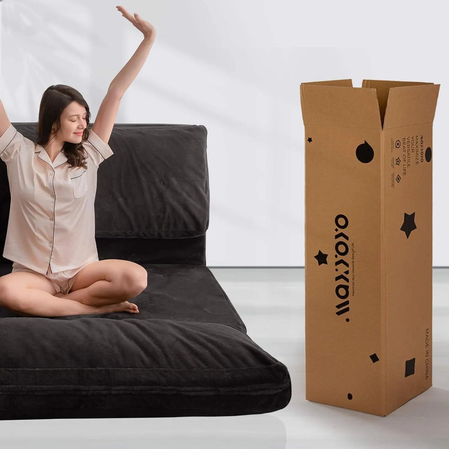 MAXYOYO Bean Bag Bed Folding Sofa Bed Floor Mattress for Adults, Extra Thick and Long Floor Sofa with Faux Fur Washable Cover, Single Floor Couch Bed for Bedroom Living Room, Dark Grey, 30x95 Inch