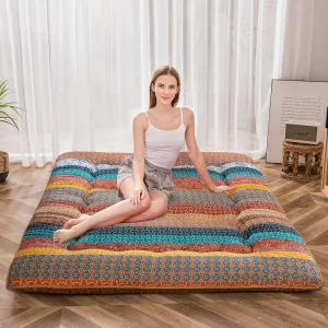 MAXYOYO Bohemian Vintage Floral Japanese Futon Mattress - Roll Up Tatami Floor Mat, Foldable Bed, Portable Camping Mattress, Sleeping Pad, Floor Lounger, Couch Bed - Queen Size