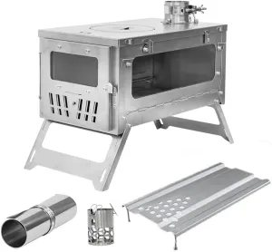 MC TOMOUNT Tent Stove Titanium 15inch Wood Burning Stove Folding Portable for Camping Hunting 9.84ft Pipes Included