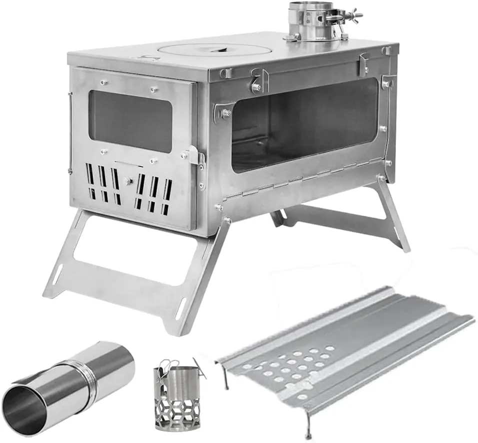 MC TOMOUNT Tent Stove Titanium 15inch Wood Burning Stove Folding Portable for Camping Hunting 9.84ft Pipes Included