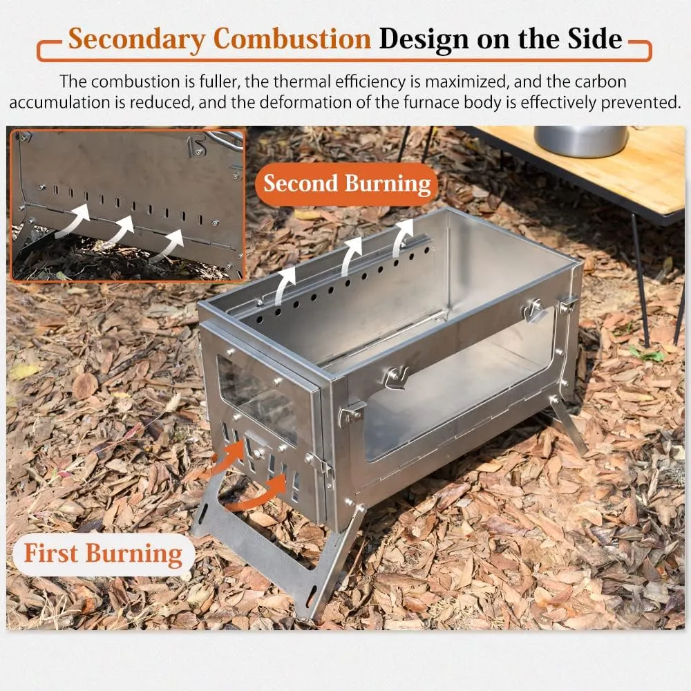 MC TOMOUNT Tent Stove Titanium 15inch Wood Burning Stove Folding Portable for Camping Hunting 9.84ft Pipes Included