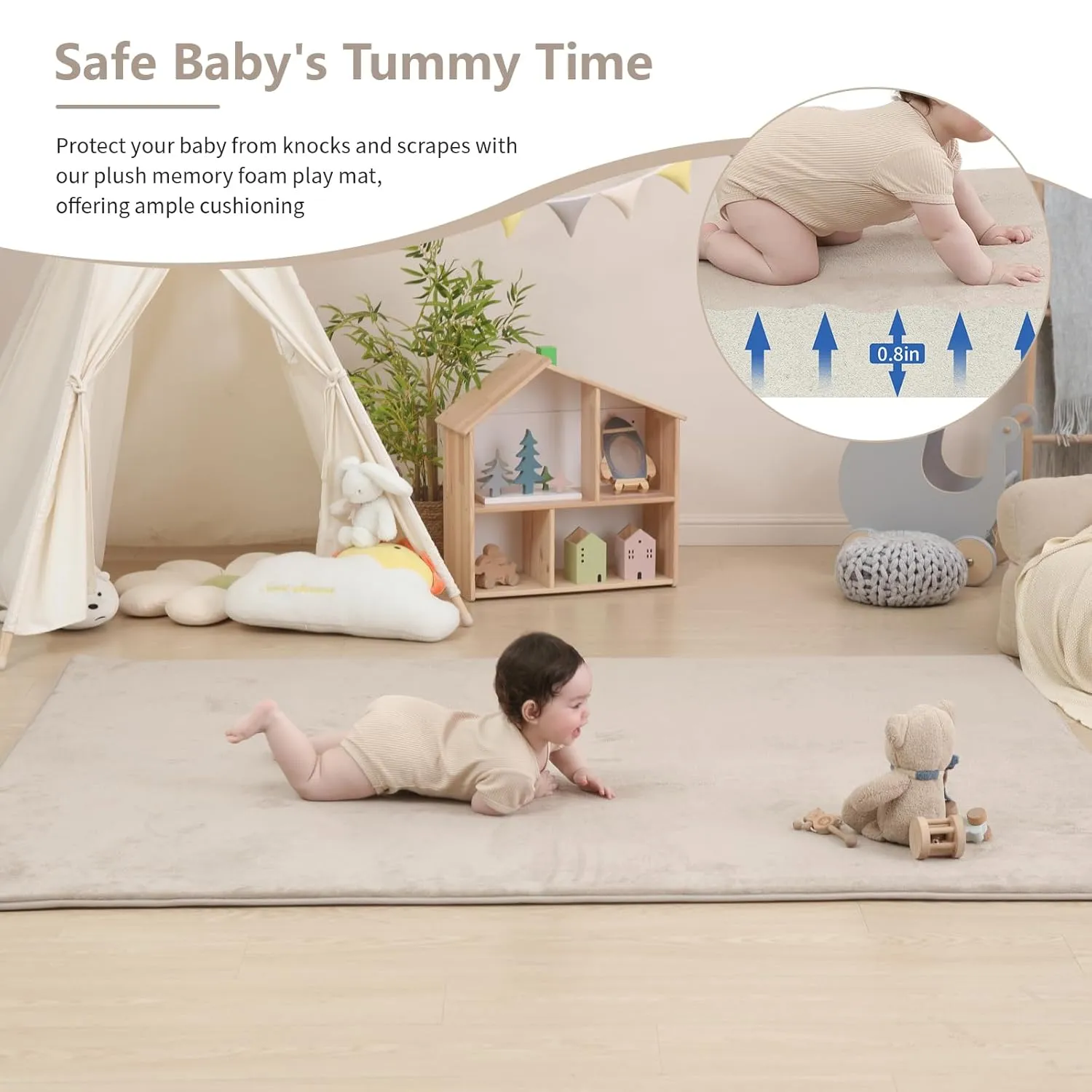Memory Foam Baby Play Mat for Playpen,Thick&Large Crawling Mat for Floor,Soft Velvet Tummy Time for Kids,Toddlers,Infants,Non Slip Baby Floor Play Rug for Nursery&Playroom (39"×59"×0.8",Beige)