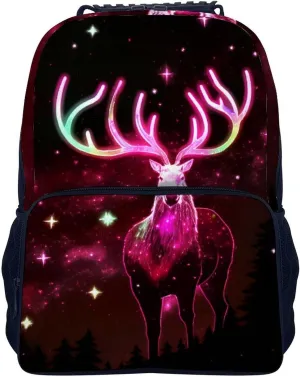 Men & Women Polyester Galaxy Starry Sky Christmas Elk Moose Art Backpack Large Capacity Bookbag With Smooth Zippers for Climbing Picnic Bicycle