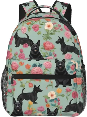 Men & Women Polyester Scottie Dog Floral Art Backpack Large Capacity Bookbag With Smooth Zippers for Climbing Picnic Bicycle